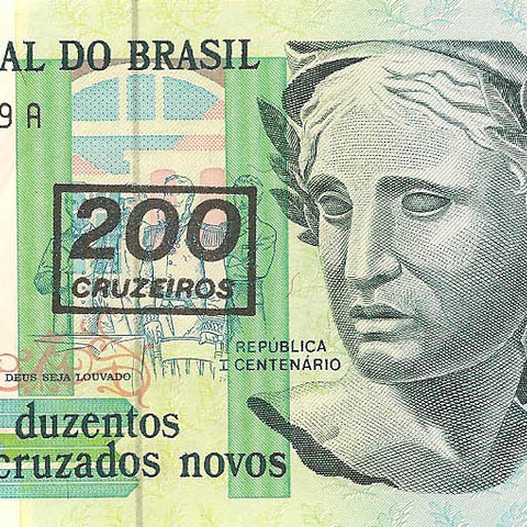 Бразилия, 200 крузейро, 1990 год - надпечатка (цена от 10 штук)