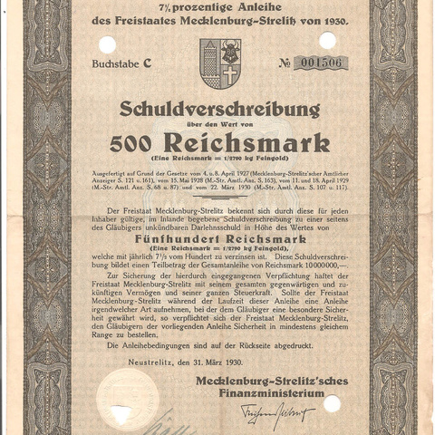 Германия - Заем Мекленбурга-Стрелица, 500 рейхсмарок, 1930 год