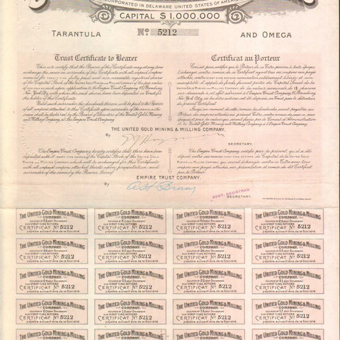 Сертификат Объединённой золотодобывающей компании, 1908 год - США