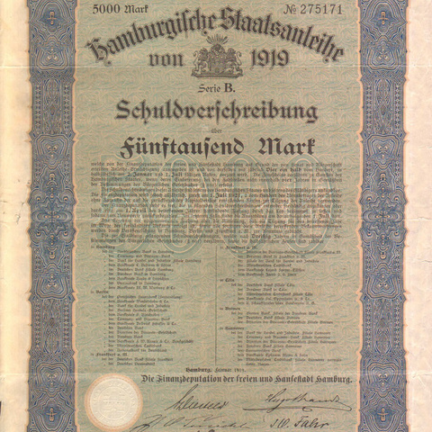 Германия - Заем Гамбурга, 5000 марок - 1919 год